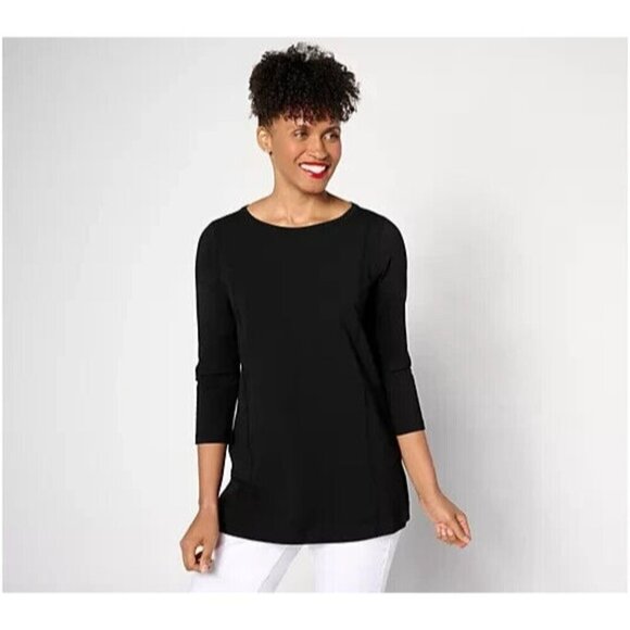 Susan Graver Weekend Petite Essentials Comfy Cotton Seamed T Black Pet S A630796 - Picture 1 of 1